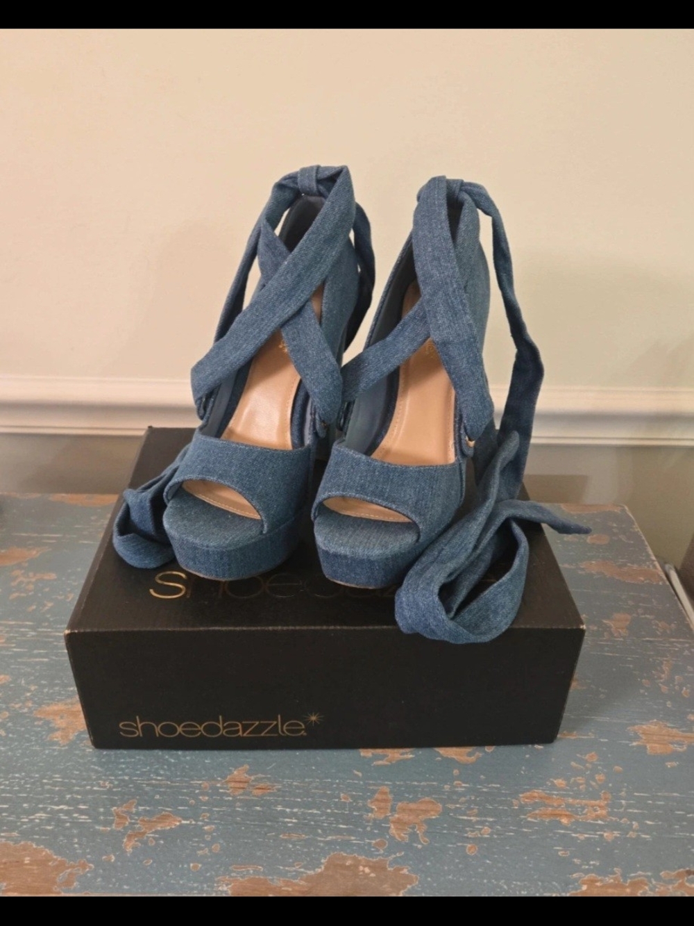 Shoe Dazzle Takkara Denim Crisscross Platform Heels with Ankle Wrap - Picture 2 of 6